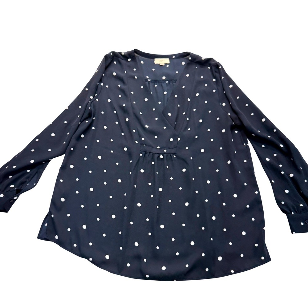 Loft Blouse Womens Large Navy Blue Polka Dot V-Neck Long Sleeve Pleated Top